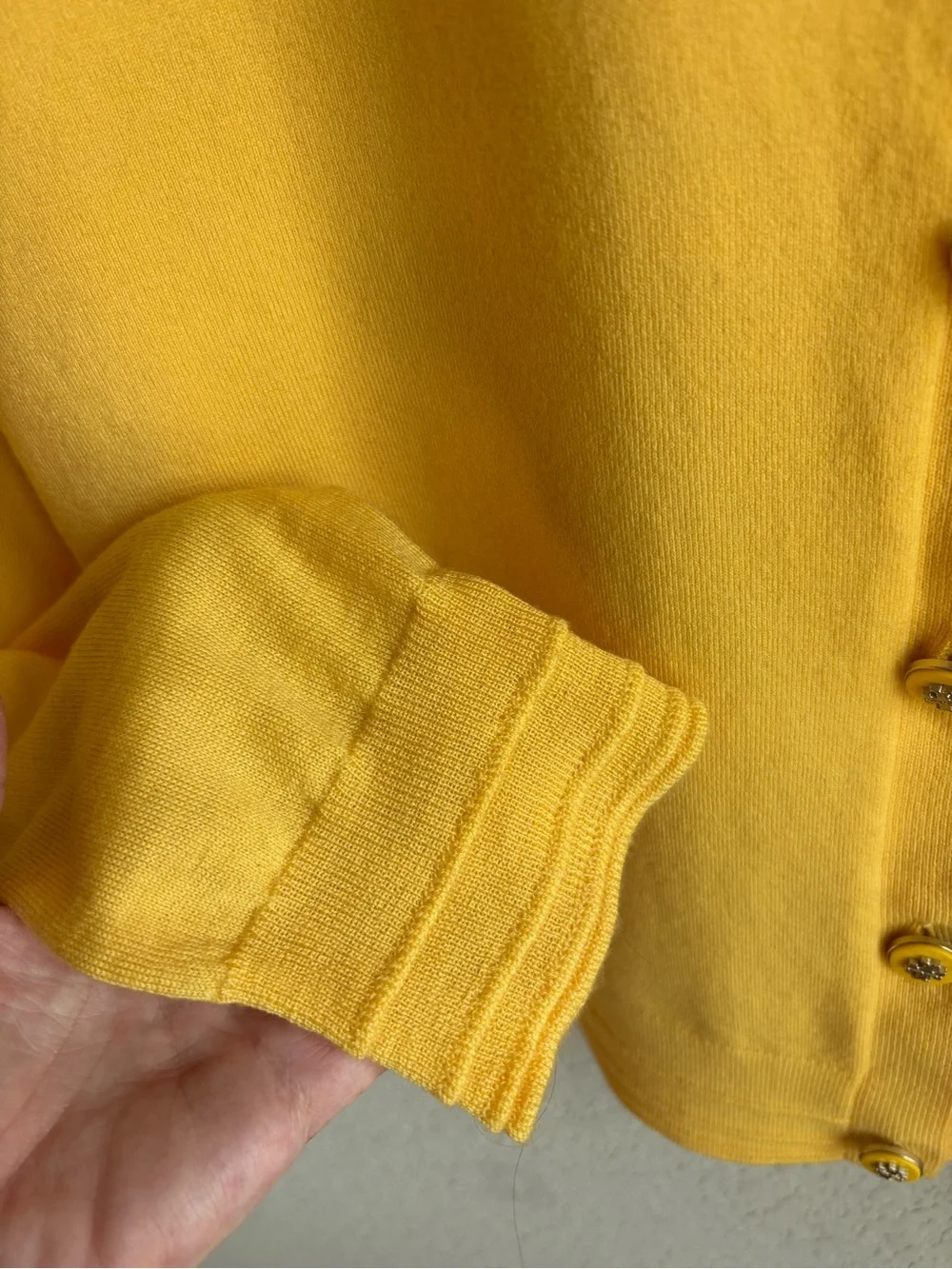 Tory Burch Merino Wool Cardigan Large Yellow Logo Button V-Neck Sweater